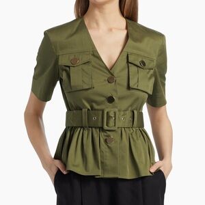 Toccin Ezra Safari Stretch-Cotton Peplum Shirt. Size 8. MSRP $425